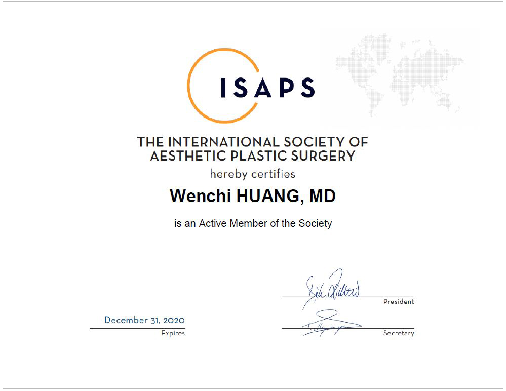 ISAPS會員證書-國際美容整形外科醫學會